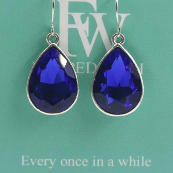 Sapphire Blue Crystal Teardrop Silver Tone Earrings - Picture 3 of 3